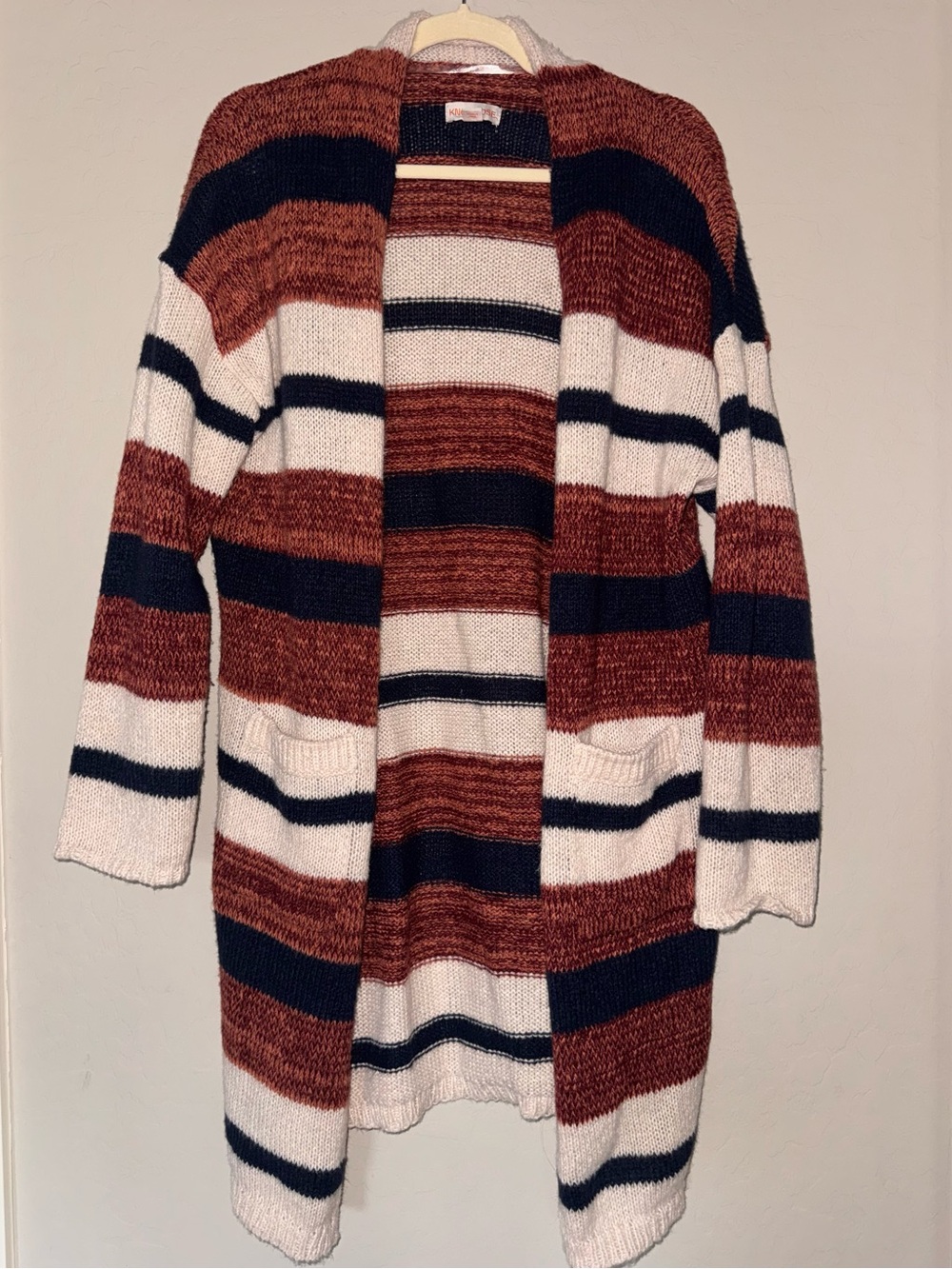 Knox Rose Long Striped Open Front Cardigan Small Rust Cream Navy